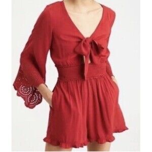 American Eagle Red Tie Front Bell Sleeve Romper Women’s Size‎ Small